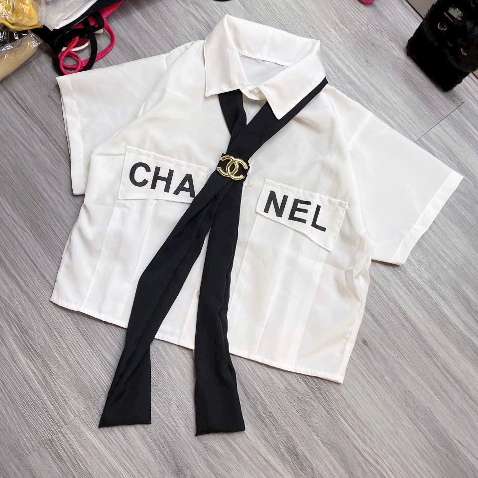 Áo sơmi croptop phối cà vạt bánh bèo dễ thương