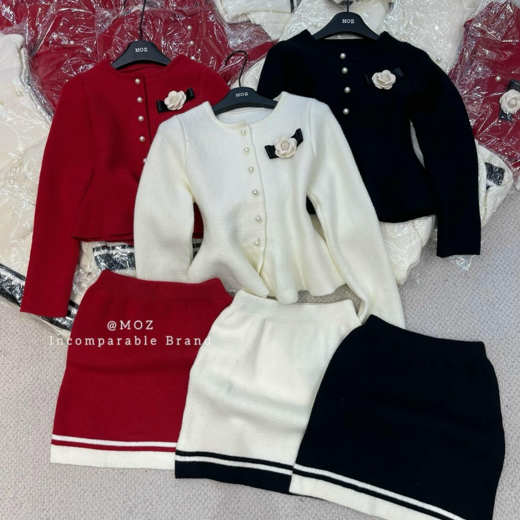 Set len lông thỏ khuy ngọc kèm tag hoa chuẩn ản, Đồ bộ nữ chất len siêu xinh phong cách Hàn quốc MOONYHANOI TV 534