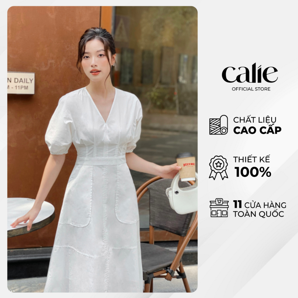 Váy dáng xoè qua gối cổ V tay bồng to tiểu thư Calie VX107