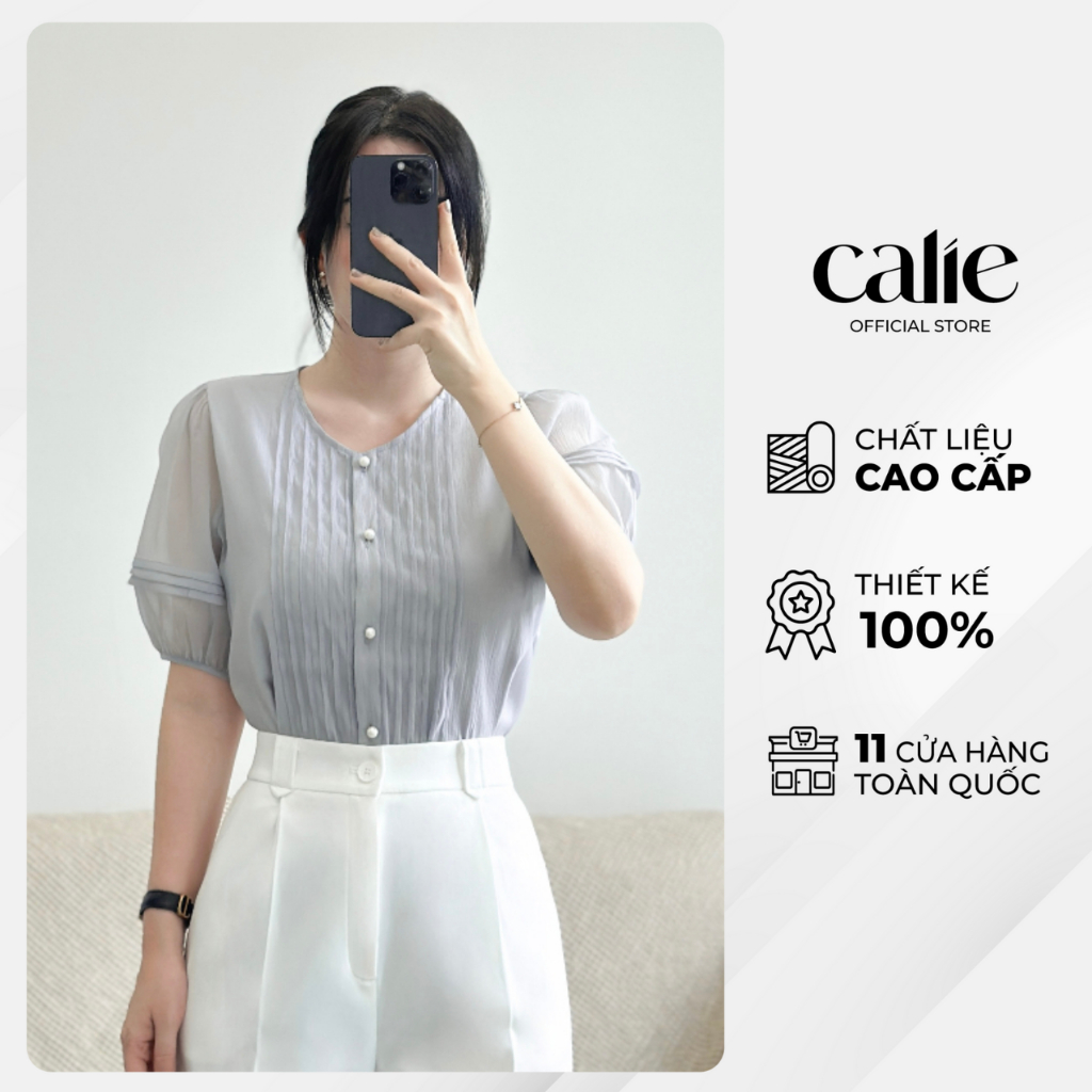 CALIE Áo sơ mi nữ ngắn tauy cổ tròn xếp ly nẹp Thời Trang Thiết Kế AS245