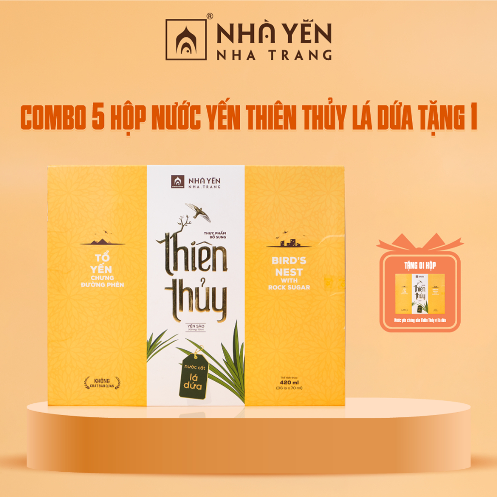 COMBO 5 hộp Nước yến chưng đường phèn Thiên Thủy vị lá dứa - Nhà Yến Nha Trang - Hộp 6 lọ - Nước Yến Chưng Sẵn (Yến sào)