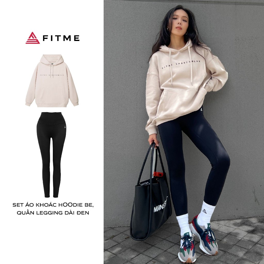 Bộ quần áo thể thao nữ Fitme áo khoác Hoodie Be, quần legging dài Đen cạp cao hỗ trợ tập yoga tốt