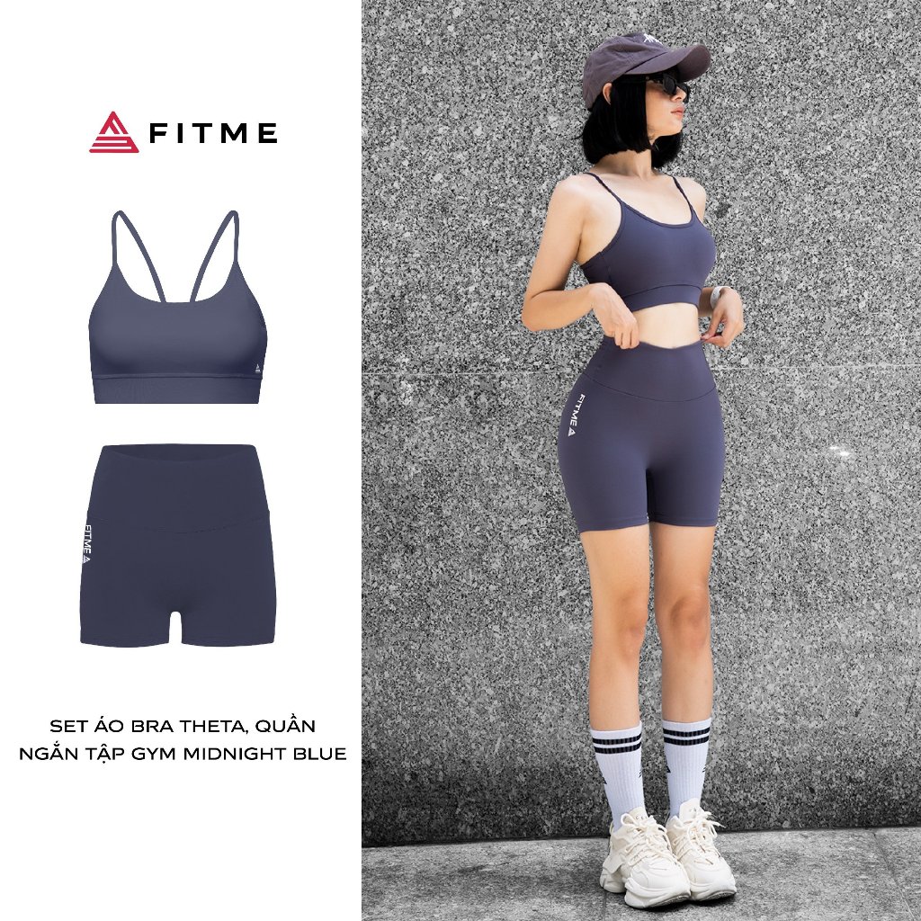 Bộ đồ thể thao nữ Fitme áo bra Theta, quần legging đùi Midnight Blue hỗ trợ tập yoga tốt