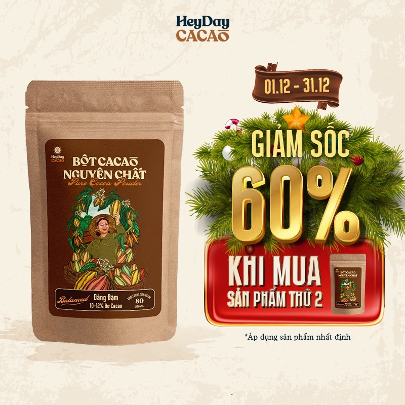 Túi 80g Bột cacao nguyên chất 100% Heyday - Dòng Balanced phổ thông - Chuẩn UTZ Quốc Tế