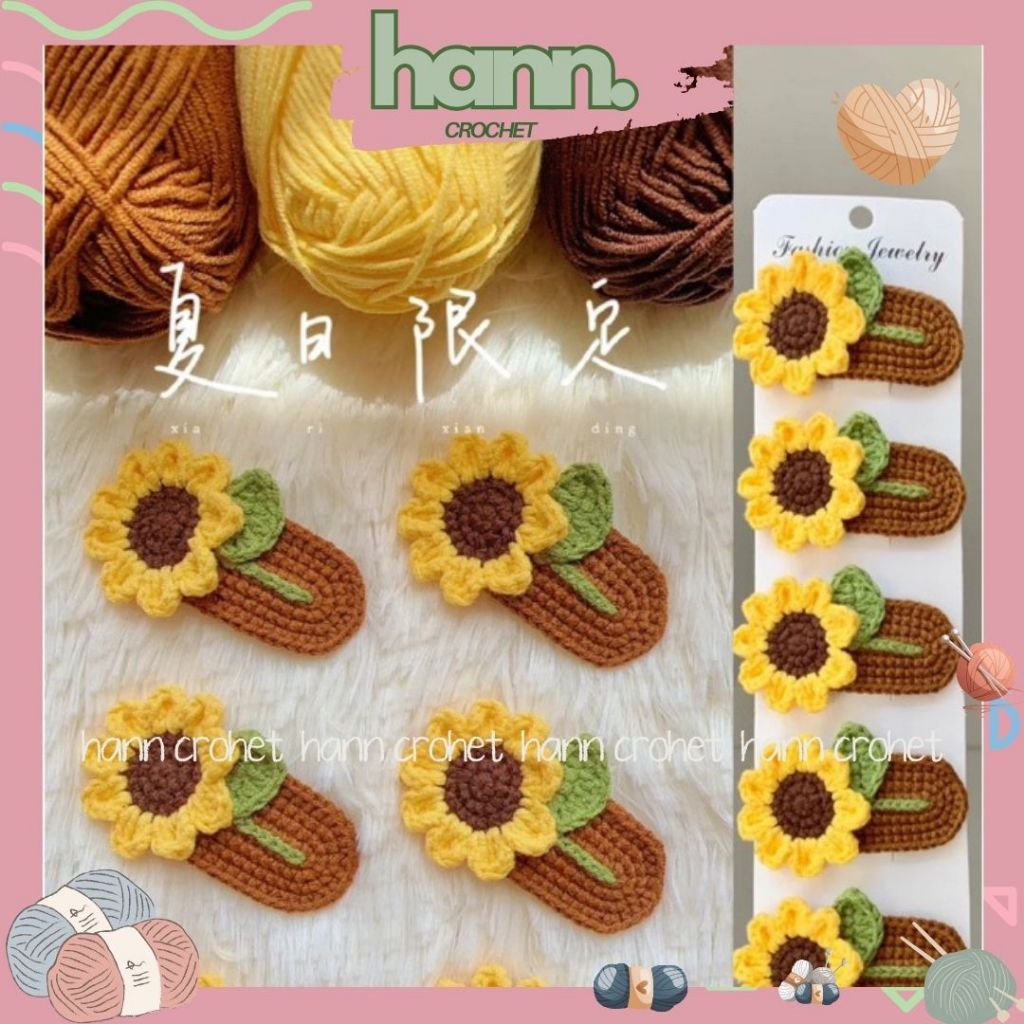 Kẹp tóc hoa hướng dương len Handmade, Kẹp tóc hóa hướng dương dễ thương Hann crochet