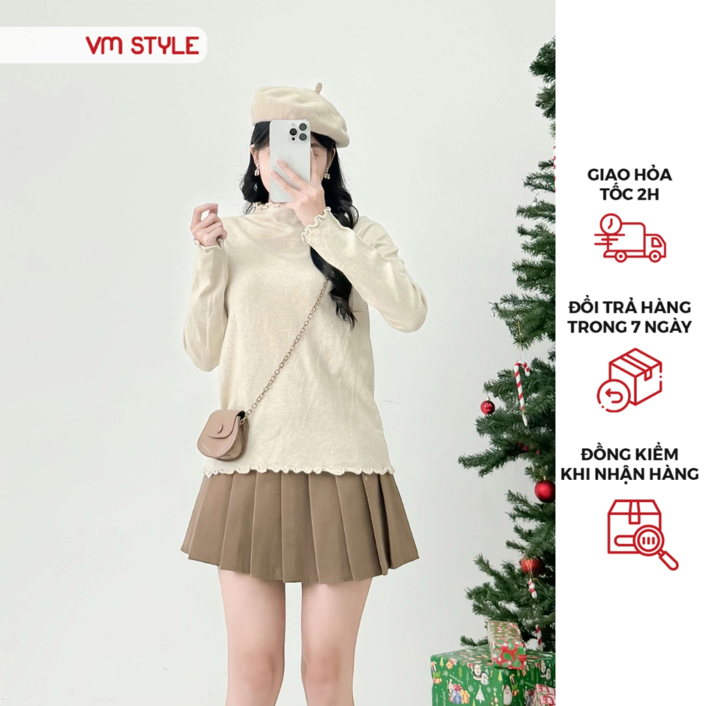 Áo len nữ VMSTYLE form rộng tay dài trơn cổ viền bèo basic đi học, đi làm, đi chơi thời trang thu đông - ALU00271