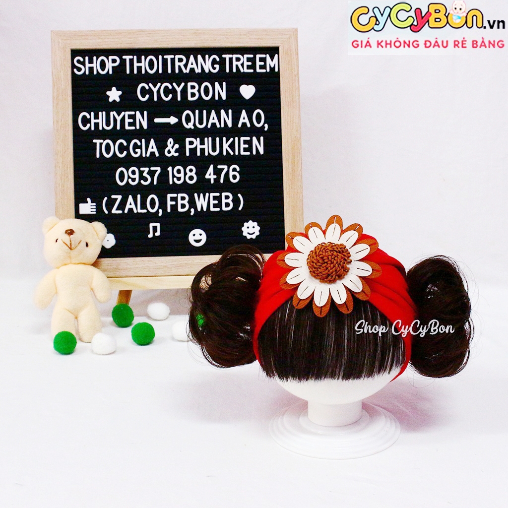 Mũ / Nón Turban Tóc Giả Cho Bé Gái Màu Đỏ Bông Cúc Nâu Kèm Tóc Mái Ngang Và Búi 2 Bên
