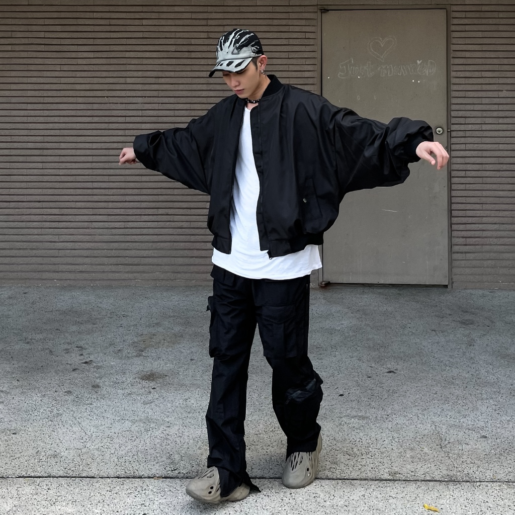 Bad Choices | Áo Bomber dù Zipper Jacket Signature tay nhún form Boxy