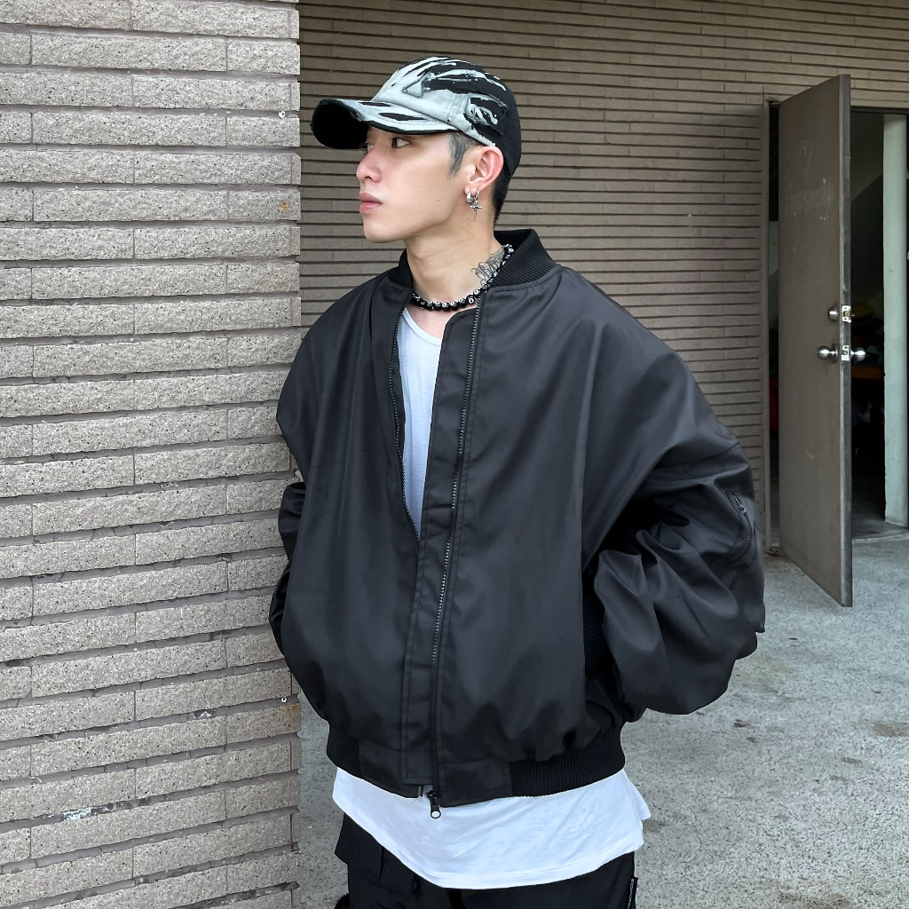 Bad Choices | Áo Bomber dù Zipper Jacket Signature tay nhún form Boxy