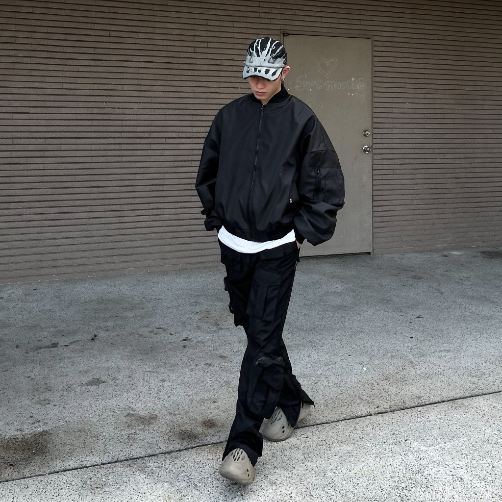 Bad Choices | Áo Bomber dù Zipper Jacket Signature tay nhún form Boxy