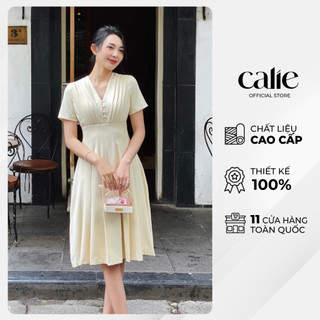 Váy dáng A xếp li ngực xẻ sâu chiết li eo thời  trang Calie VA275