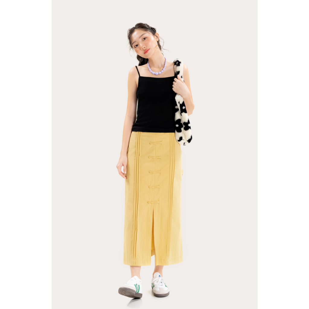 LIBÉ WORKSHOP - Chân váy dù suông dài phối hàng nút kiểu màu vàng