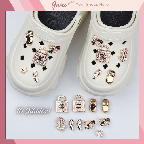 Bộ 10 Sticker, Charm 3D chủ đề Bling túi xách Gamo nhựa cứng gắn Dép Cross, Dép Sục, Cá Sấu JB-95