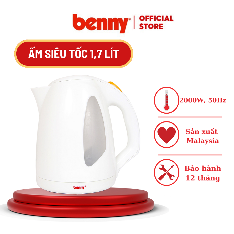 Bình, Ấm Siêu Tốc Benny BJ-17, White, 2000W, 1.7 Lít - Đun siêu nhanh, an toàn- Hàng chính hãng