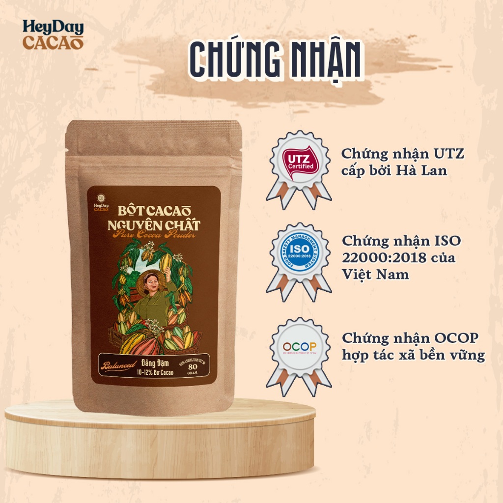 Combo Túi 80g Bột cacao nguyên chất Balanced và 1 gói cacao sữa tiện lợi Heyday 20g