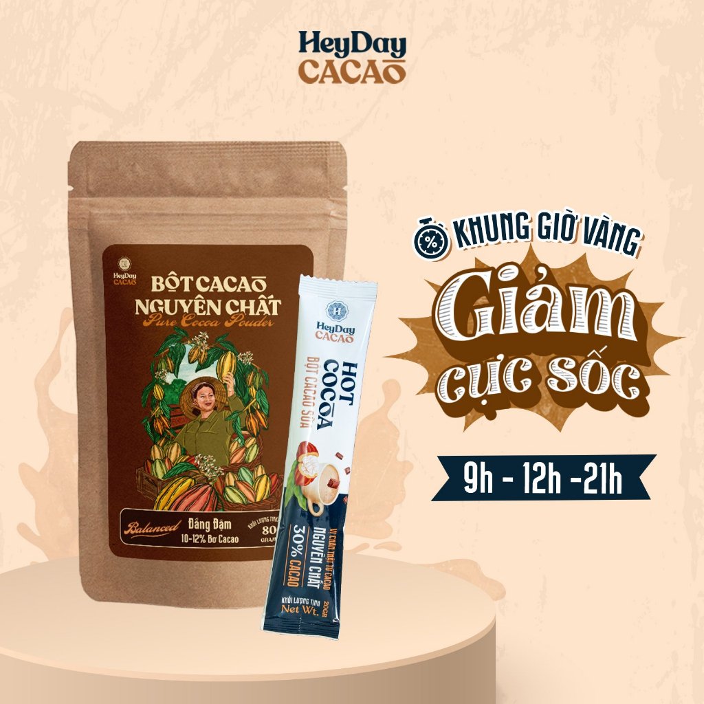 Combo Túi 80g Bột cacao nguyên chất Balanced và 1 gói cacao sữa tiện lợi Heyday 20g