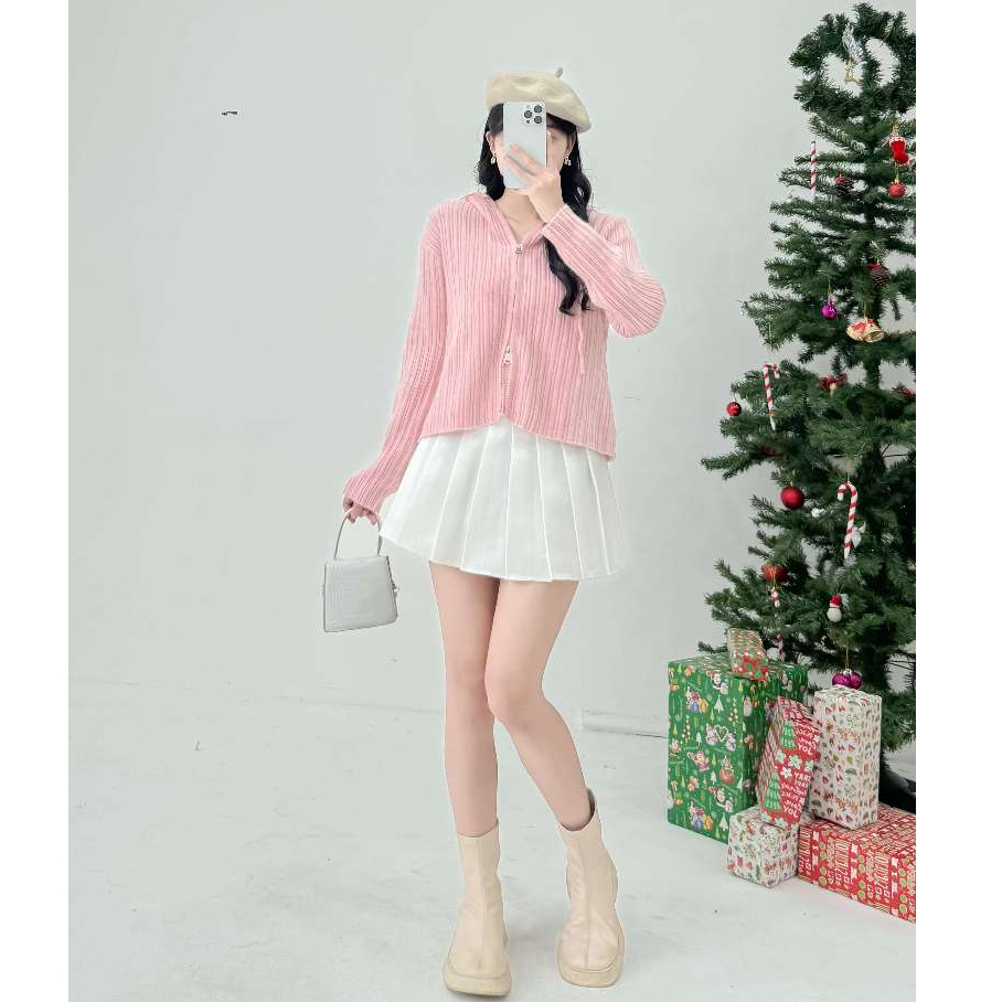 Áo khoác len nữ VMSTYLE cardigan croptop tay dài có nón dây kéo kiểu trơn, đơn giản - ALU00269