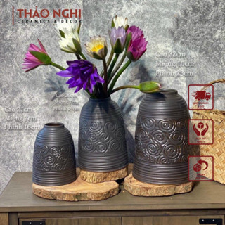 Bình gốm Bát Tràng dáng chuông khắc hoa hồng, Lọ cắm hoa đào, tuyết mai, cành mận, cắm cành lựu, cắm ly decor trang trí