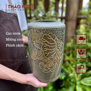 Bình hoa Bát Tràng - Lọ Cắm Hoa Dáng Thạp Men Xanh Mộc Khắc Hoa Sen Thủ Công - Bình Gốm Bát Tràng Cắm Hoa Trang Trí
