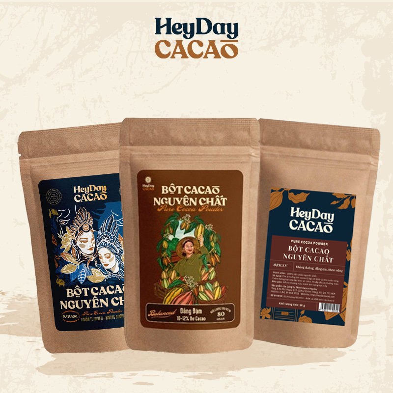 Combo 3 Túi 100% Bột Cacao Nguyên Chất Heyday- Túi Origin 50g, Túi Balanced 80g, Túi Natural 50g - Heyday Cacao