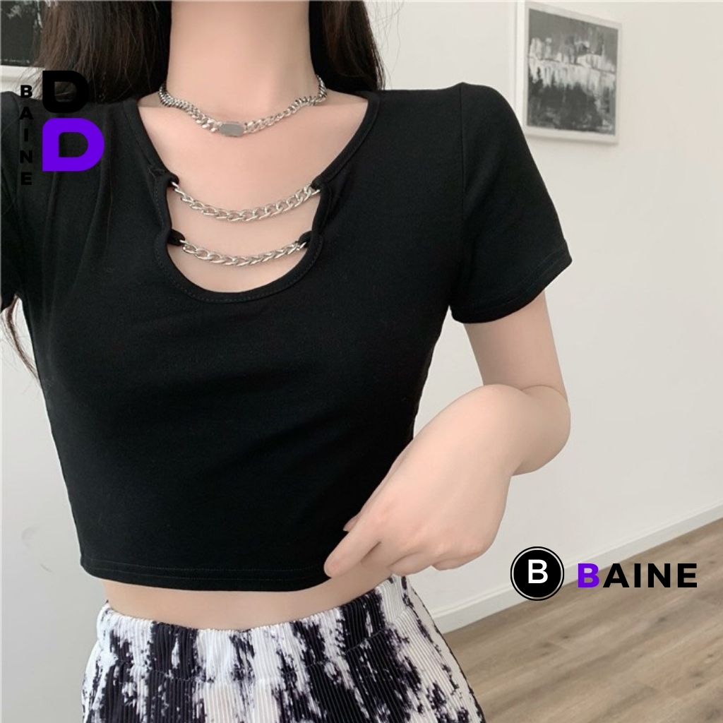 Áo Croptop Nữ CỔ U PHỐI XÍCH Chất Thun Borip Kiểu Sexy Nữ, Áo Thun Ôm Body Trơn Đẹp Tôn Dáng BAINE