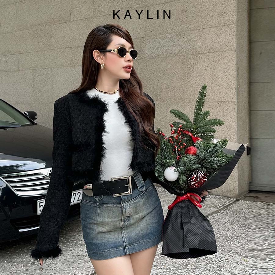 Áo khoác KAYLIN phối lông form croptop chất vải Tweed dày dặn phong cách N2150