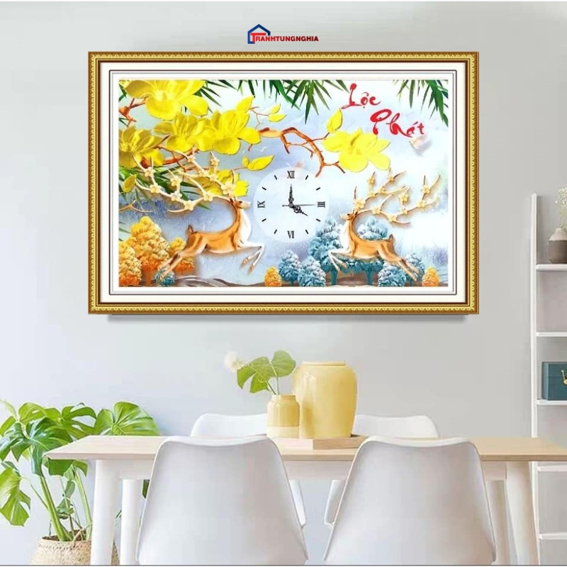 Tranh đính đá đồng hồ hươu nai tài lộc 75cm x 50cm