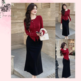 {SIZE S-XL} Set Áo Len Đỏ Vạt Chéo Phối Chân Váy Đuôi Cá