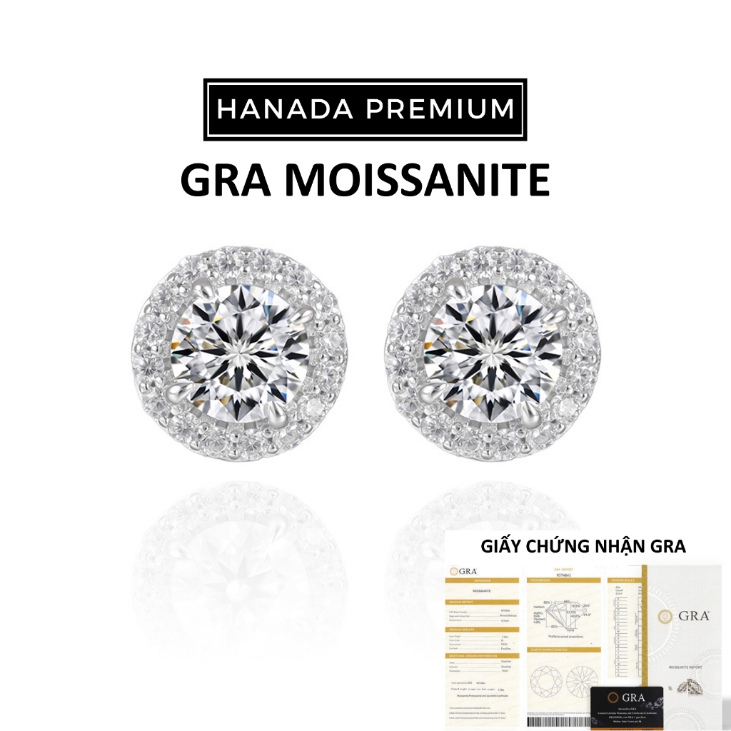 Bông Tai Hanada Kim Cương Moissanite 6.5MM Tròn Đá Bạc 925 Phủ Bạch Kim Không Đen Không Mờ Nam Nữ