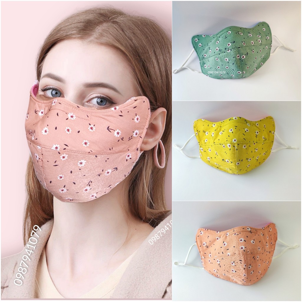Khẩu trang tai thỏ có kẽm mũi họa tiết bông nhí, có dây rút, nhiều màu