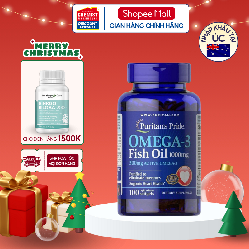 Dầu cá Puritan's Pride Omega 3 Fish oil 1000 mg 100v đẹp da, dinh dưỡng cho tim mạch, thị lực, hỗ trợ người tiểu đường