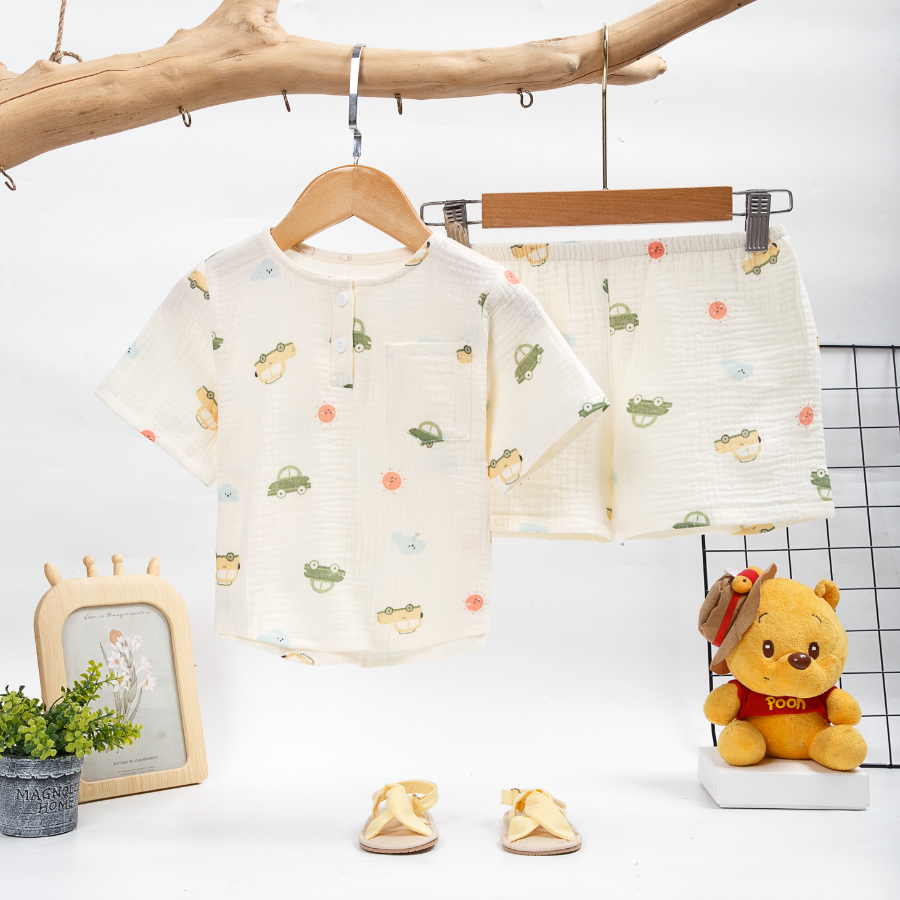 Bộ đồ bé trai xô muslin cổ trụ vạt bầu A091 Áo Lá Homewear, pijama cho bé tay ngắn quần đùi mềm mát mặc nhà