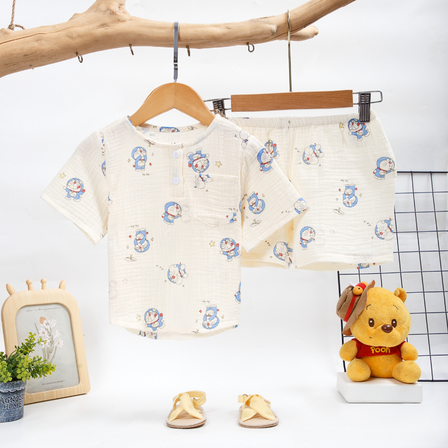 Bộ đồ bé trai xô muslin cổ trụ vạt bầu A091 Áo Lá Homewear, pijama cho bé tay ngắn quần đùi mềm mát mặc nhà