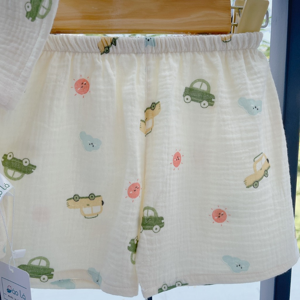 Bộ đồ bé trai xô muslin cổ trụ vạt bầu A091 Áo Lá Homewear, pijama cho bé tay ngắn quần đùi mềm mát mặc nhà