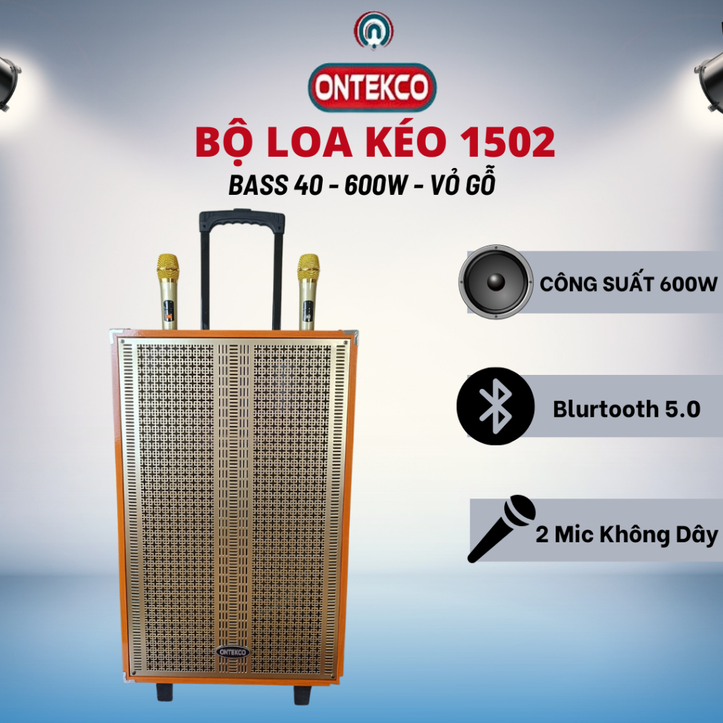 Loa kéo karaoke ONTEKCO 1502 BASS 40 Tặng 2 mic không dây chống hú - Công suất 800W - Vỏ gỗ, mặt lưới kim loại cao cấp