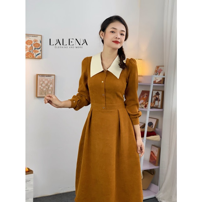 VÁY LIỀN CỔ SEN XẾP LY CHẤT LIỆU NHUNG TEXT NV048