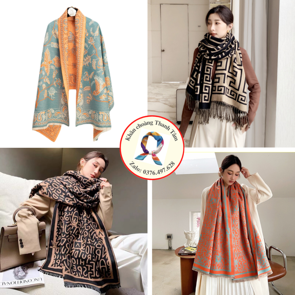 Khăn dạ cashmere quàng cổ giữ ấm mùa đông choàng cổ trùm đầu Nam nữ sọc nhiều màu
