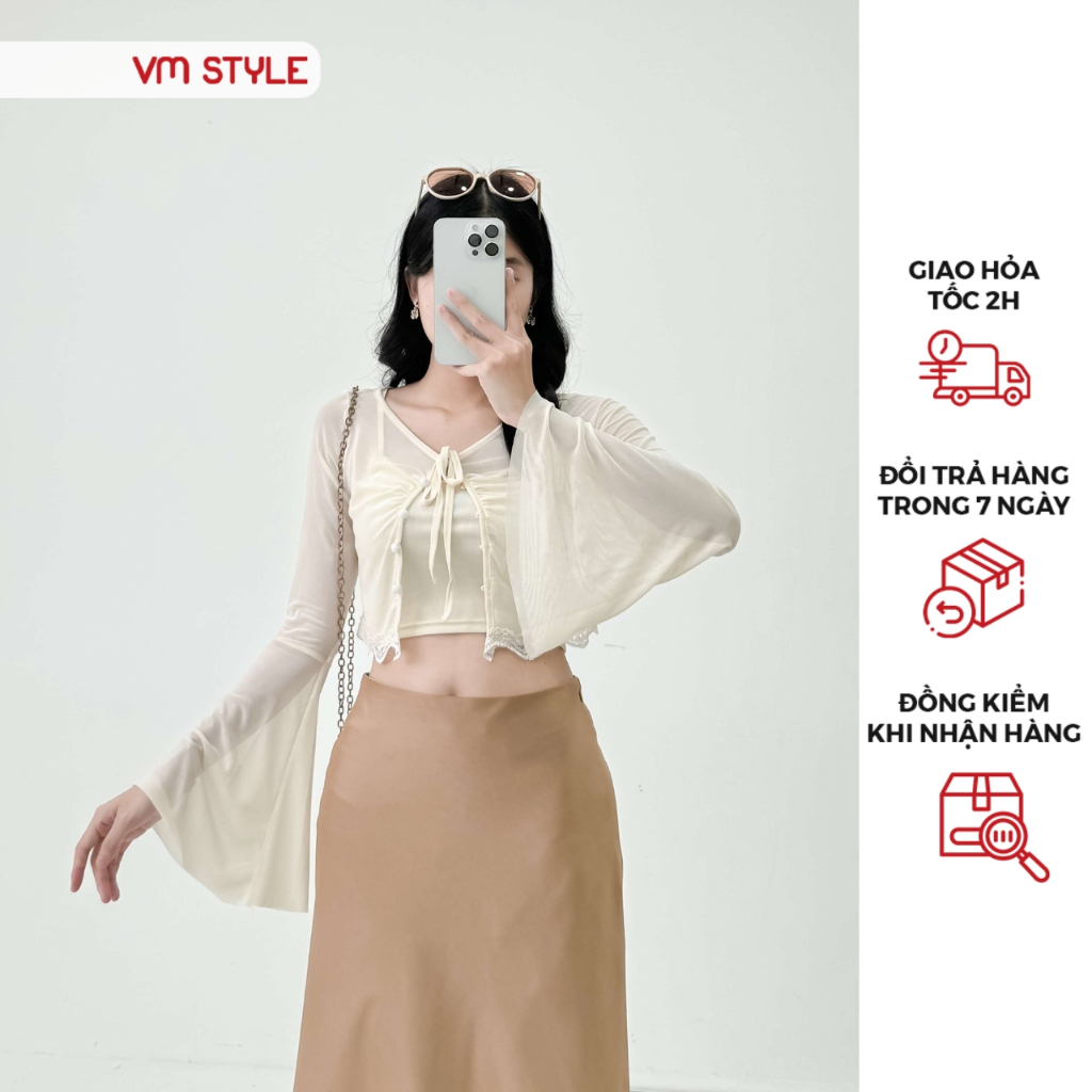 Set áo nữ VMSTYLE dáng croptop tay dài loe lai ren + áo 2 dây nhẹ nhàng, tiểu thư đi chơi, dạo phố 752 - ASU00478