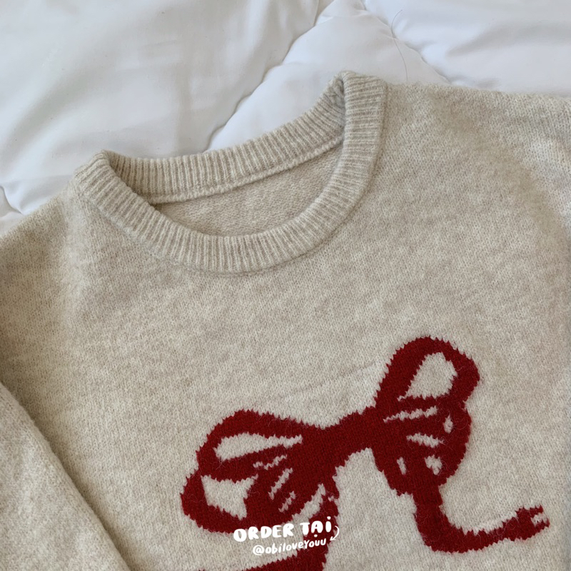 Obiloveyouu - Áo len nơ đỏ Red Bow Knitwear