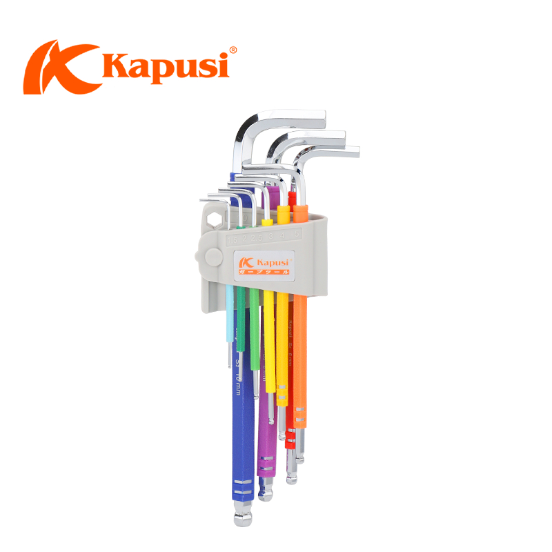 Bộ lục giác bi 7 màu KAPUSI Japan, 9 cây chữ L từ 1.5-10mm Thép cao cấp không gỉ, Bh 12 tháng k0197