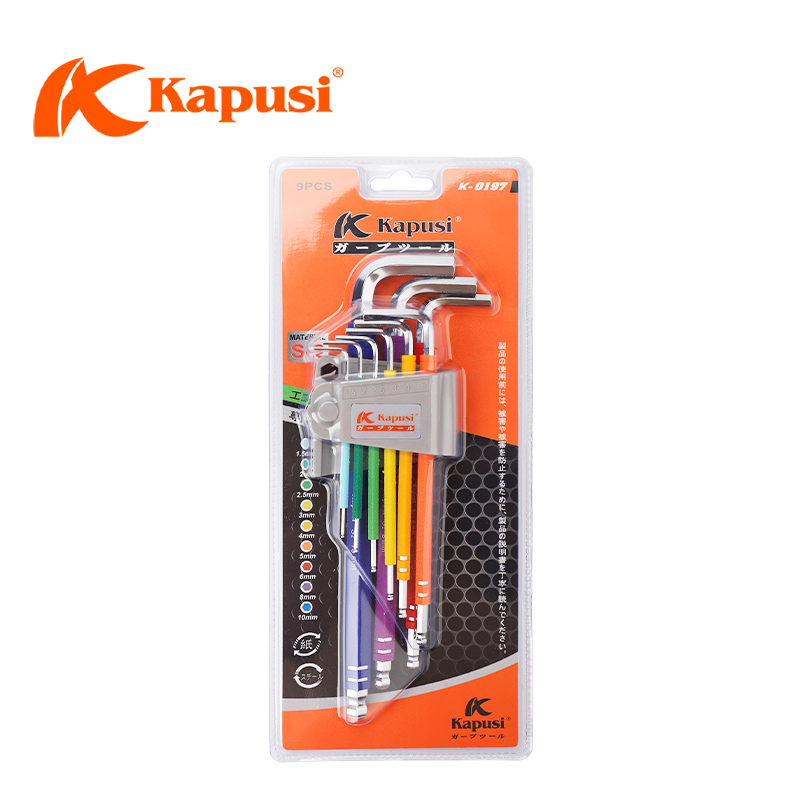 Bộ lục giác bi 7 màu KAPUSI Japan, 9 cây chữ L từ 1.5-10mm Thép cao cấp không gỉ, Bh 12 tháng k0197