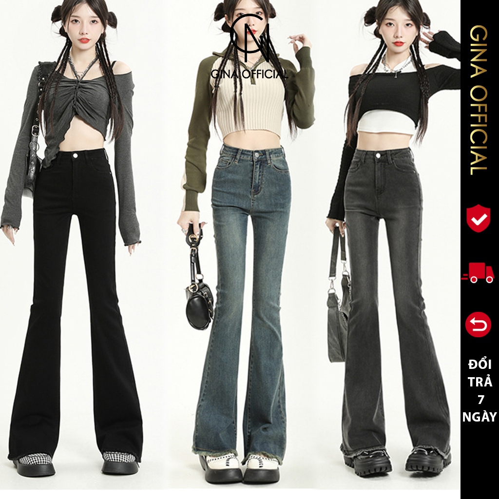 Quần bò jean ống loe nữ co giãn ống đứng cạp cao gấu tua rua cao cấp Avocado