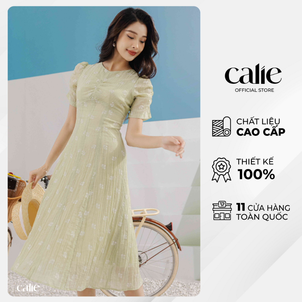 Váy dáng midi tay nhún chun cổ V can chân ngực Calie VM120