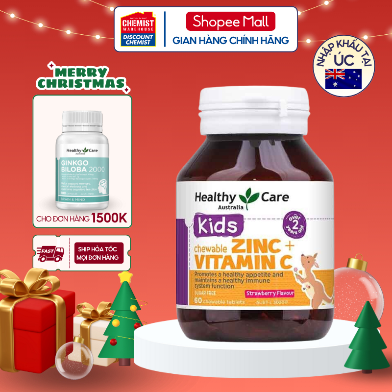 Viên nhai vị dâu bổ sung kẽm và vitamin C Healthy Care Kids Chewable 60 viên