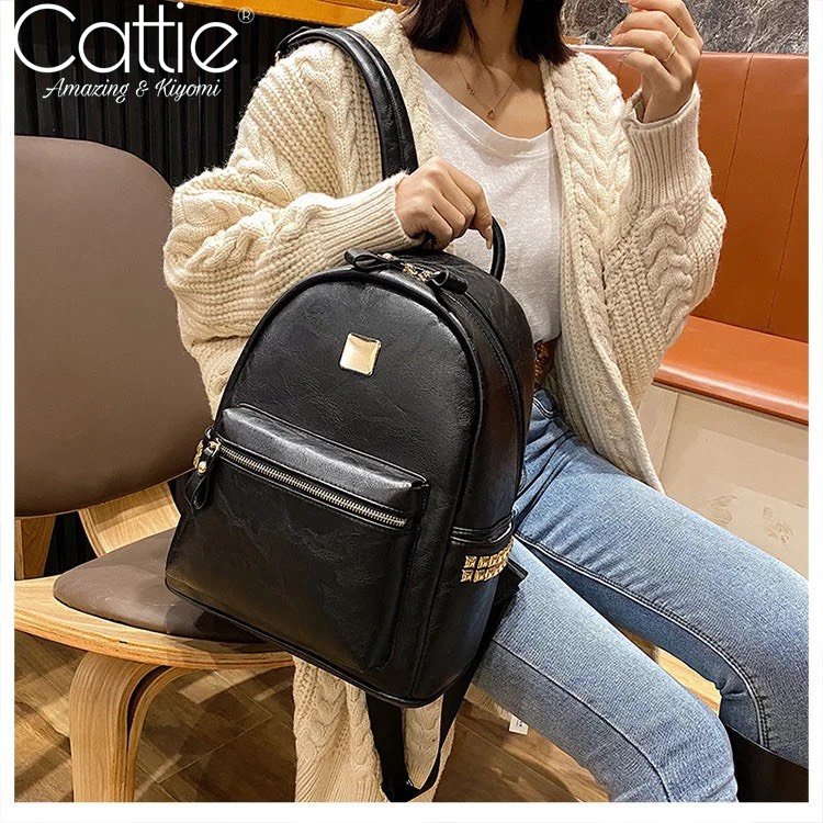 Balo thời trang nữ Ba lô đi học đi chơi Balo da PU chống thấm balô đen đơn giản cặp cao cấp size 35 CATTIE CB011