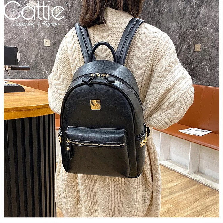 Balo thời trang nữ Ba lô đi học đi chơi Balo da PU chống thấm balô đen đơn giản cặp cao cấp size 35 CATTIE CB011