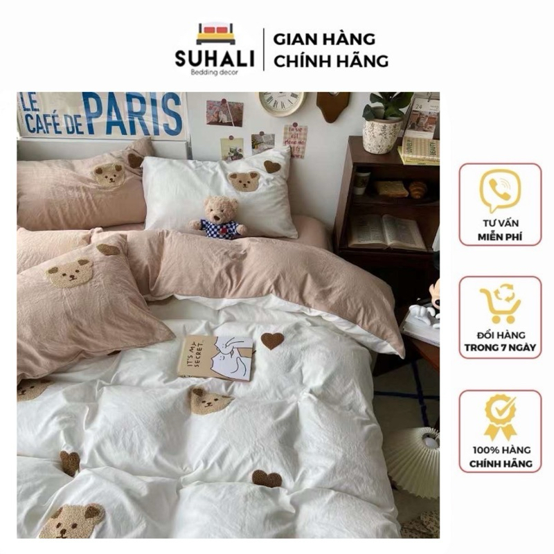 Bộ vỏ chăn ga giường cotton đũi mềm gấu Teddy Bear hoạ tiết thêu nổi Suhali