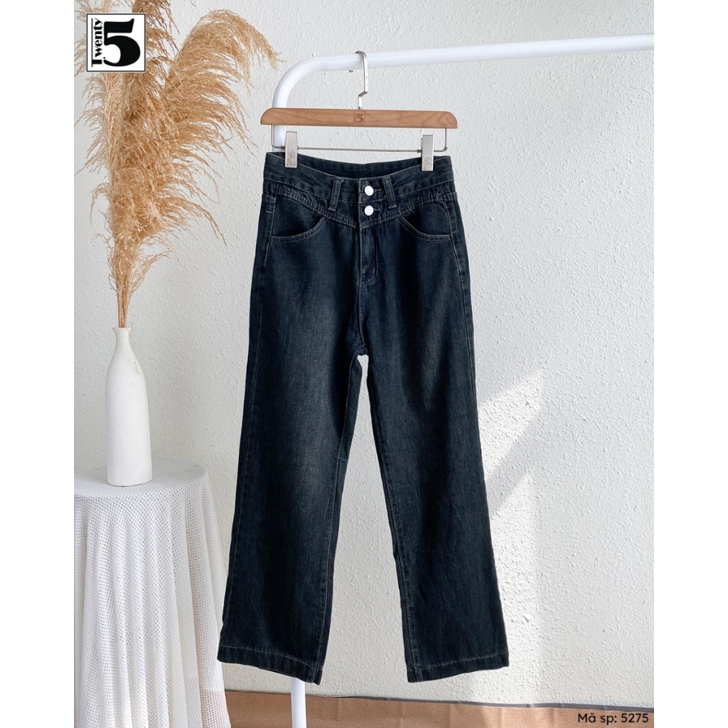 Quần jeans nữ Twentyfive ống rộng cạp cao tôn dáng cúc đôi 5275