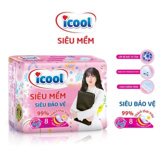 Băng vệ sinh ICOOL TEEN siêu bảo vệ 8 miếng, BVS mặt vải tơ tằm siêu mềm, siêu thấm hút