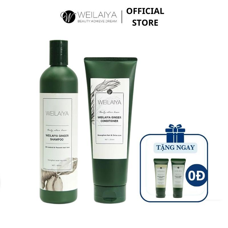 Cặp dầu gội đầu và dầu xả tóc thảo dược Weilaiya gừng trắng giúp ngăn rụng và kích thích mọc tóc - Cho da đầu dầu